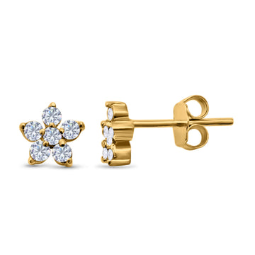 Cluster Flower Stud Earrings Round Yellow Tone, Simulated CZ 925 Sterling Silver